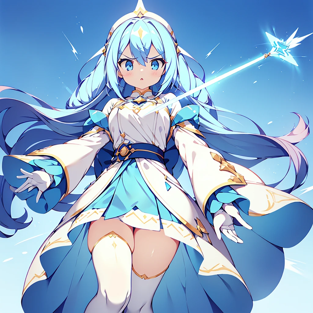 1girl、Dynamic composition、((Perspective Lens, A woman with white and light blue straight long hair, Dynamic poses with serious and mean expressions, Two hands holding a large, long magic wand )) ((Pure Blue Background:1.2)),Anime Style、detailedな目、Perfect toned body shape、Looks like she's in her early 20s,Shooting in mid-motion,With her long braided hair fluttering. Her outfit reminds me of a fairy.,Black and blue color palette,Be playful、Super huge、detailed、whole body、