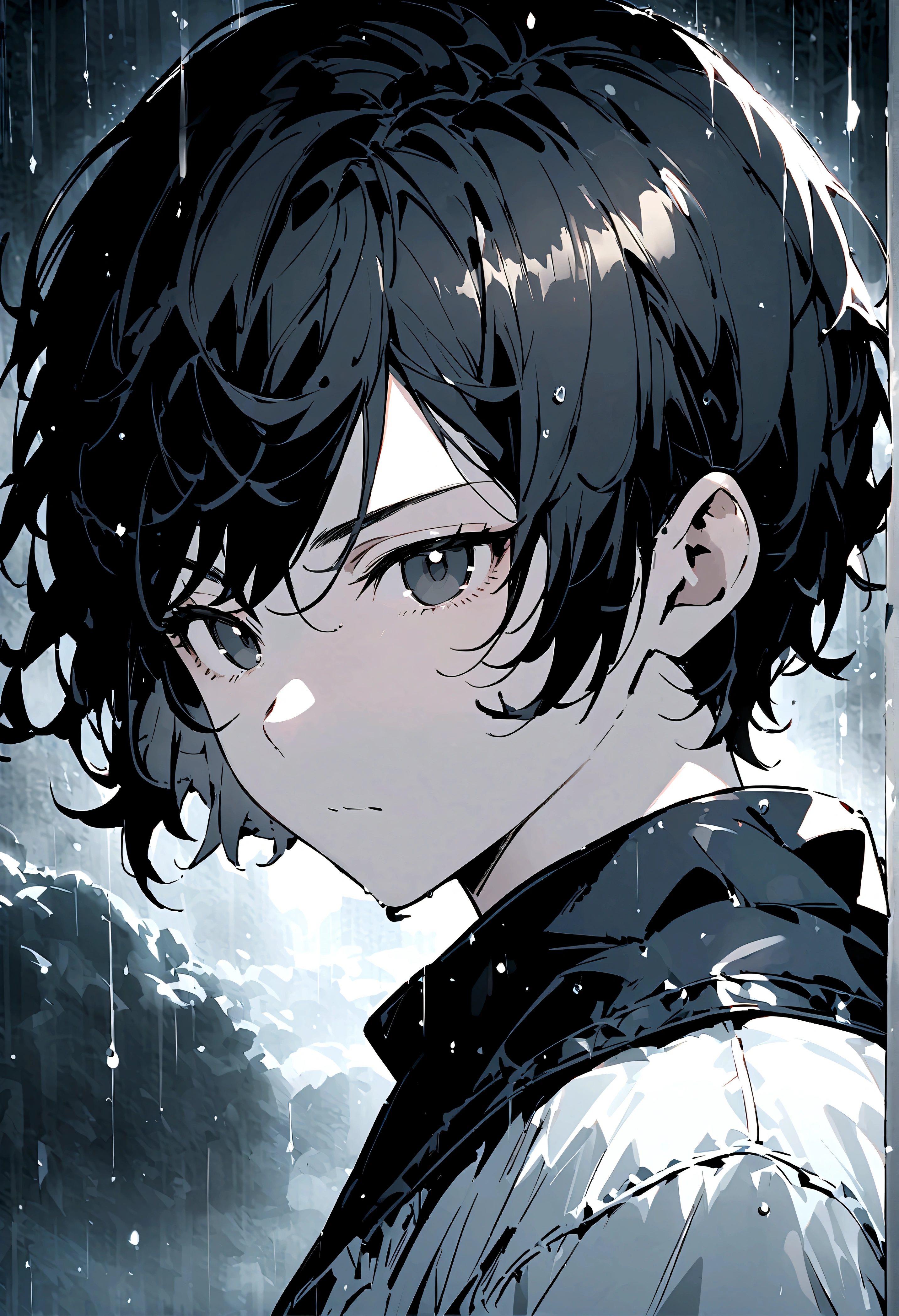 Short hairstyle for men、Black Hair、black eyes、gloomily，moonlight，Cool，rain，(((Black and white style)))，cold