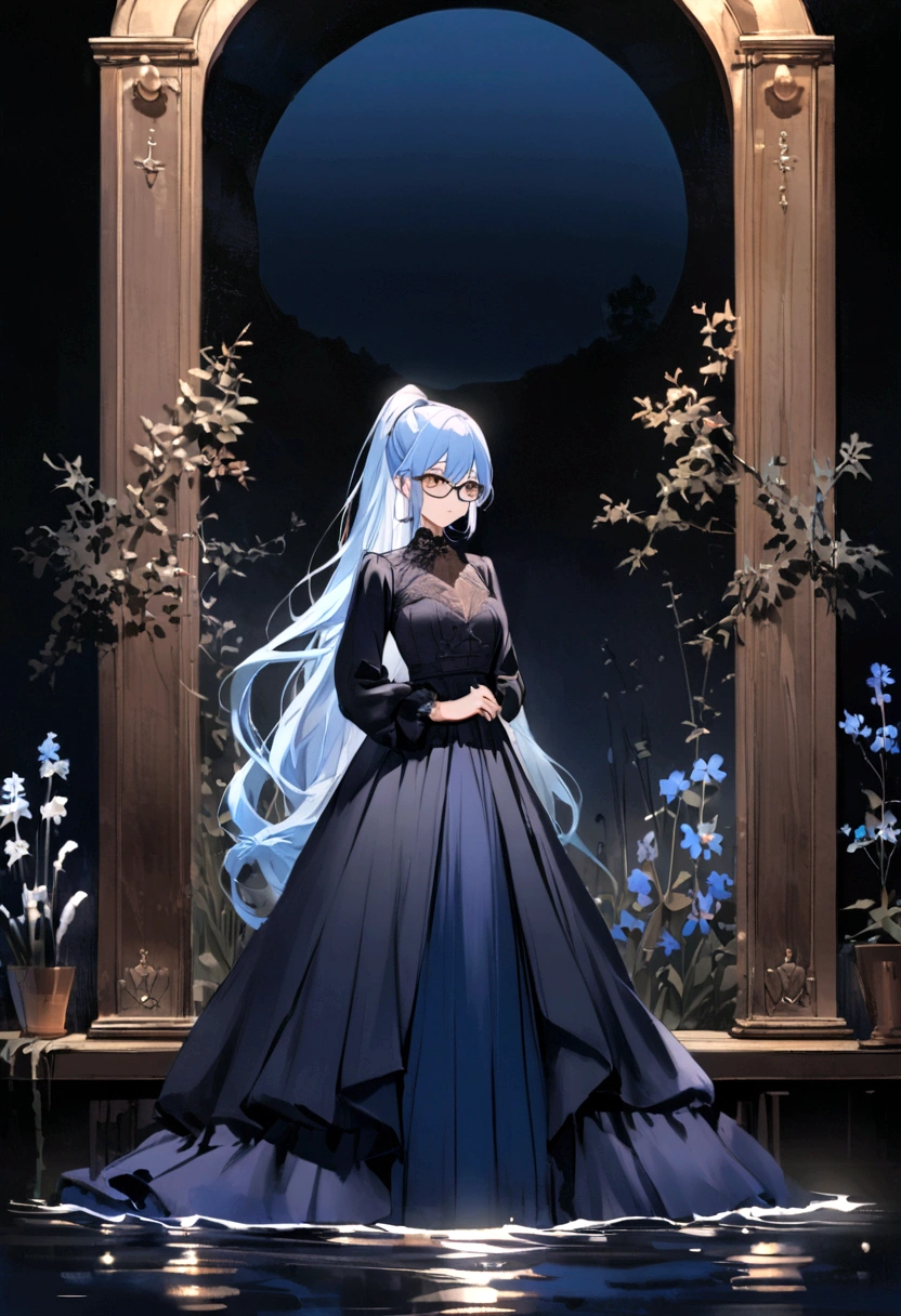 Light blue hair girl, High Ponytail, Navy Glasses, Brown eyes, Navy long sleeve dress、Long dress、The background is a deep navy lake