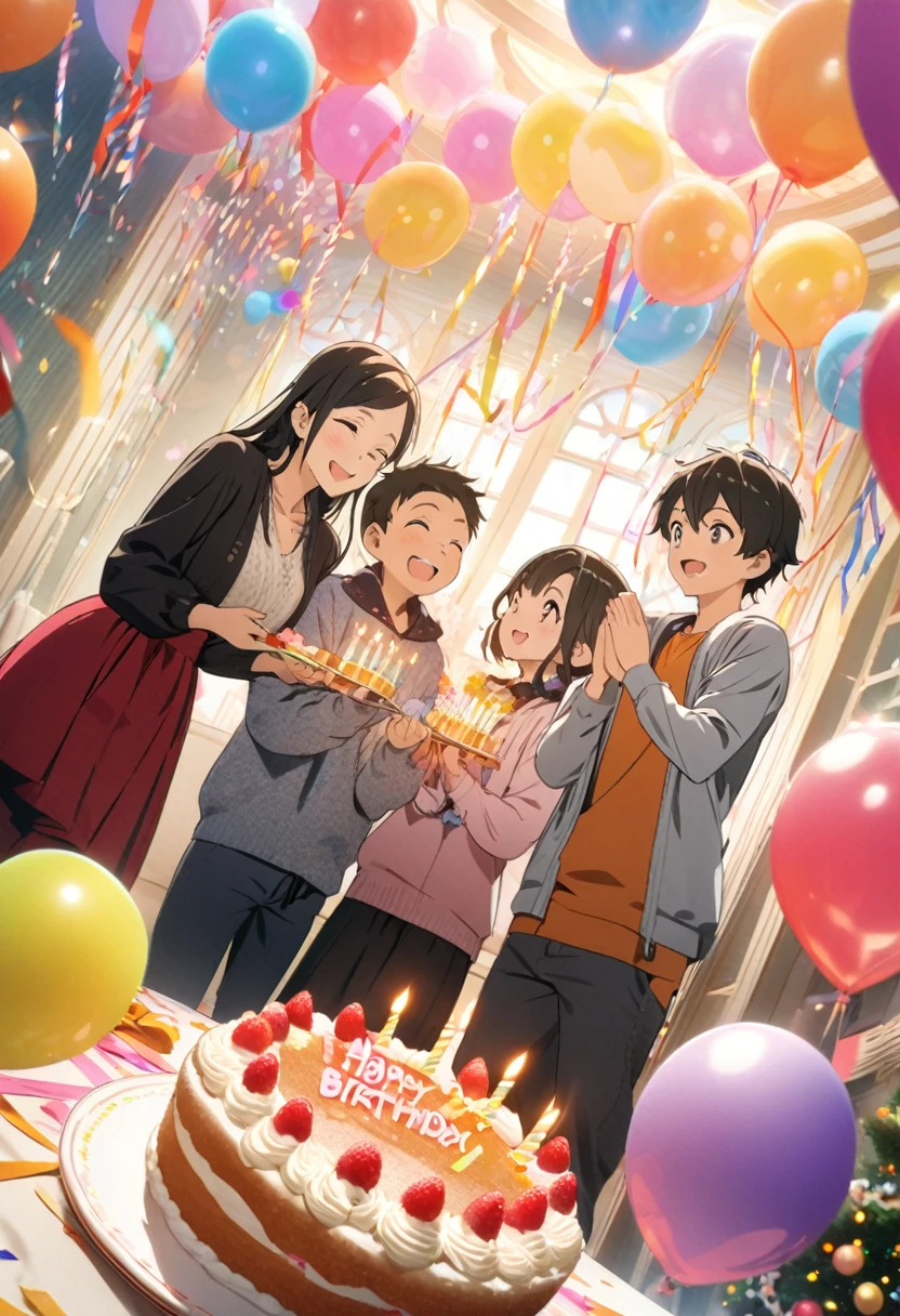cover page, anime key visual, highres, top quality, best quality, paid reward available, High-quality illustrations, unparalleled masterpiece, perfect artwork, absurdres(A family at a birthday , blowing out candles on a birthday cake)(room decorated with balloons and streamers, festive and colorful atmosphere)(kemono parents of diverse descents smiling and clapping)perfect anatomy, cake with candles and colorful icing, joyful and celebratory mood, special family moment, fan-created work shared on platforms Pixiv or , cinematic lighting, dynamic angle,