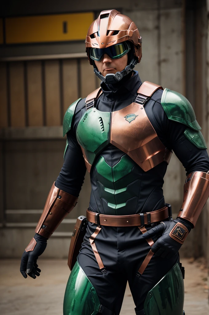 Copperhead's costume is a striking combination of metallic copper and deep green, reflecting the natural color of oxidized copper. The suit is designed with sleek, segmented armor plates that mimic the appearance of a snake's scales, offering both flexibility and protection. Copper accents run along the seams and edges, giving the costume a polished, high-tech look. The helmet features a visor with an integrated HUD (heads-up display) that provides enhanced vision and tactical information. The gloves and boots are equipped with specialized circuitry that allows for enhanced conductivity and control over electrical currents.