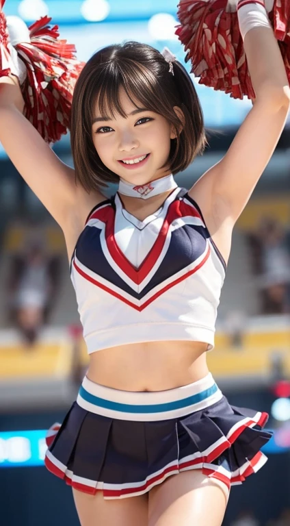 Highest quality, 8K, masterpiece :1.3)), whole body, Sharp focus :1.2, Beautiful woman with perfect figure :1.4, Slim Abs :1.2, ((Dark brown hair, Big Breasts :1.2)), whole bodyショット),(RAW shooting:1.2)、(realism:1.4)、(masterpiece:1.3)、(Highest quality:1.4)、The Beauty of Japan、7 heads、Black Hair,Beautiful and eye-catching details、Beautiful eyelashes and double eyelids、eye shadow、Perfect Eye Makeup、alone、cute、(cute:1.2)、(A smile full of happiness:1.4)、Smiling Kindly、show excitement、(Short Bob:1.2)、Fluffy hair、(From the bottom perspective:1.3)、(Girls cheering:1.5)、(mini skirt)、美しくThin legs、(Perfect Body Beauty:1.3)、Shiny skin、(Cheerleading and other energetic poses:1.5)、Looking into the camera,Narrow waist、Thin legs、Big Breasts、Photorealistic、Age 25