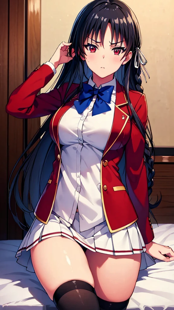 masterpiece, best quality, high resolution, best illustration, super fine illustration, (official art:0.9), detailed beautiful face and eyes, anime keyvisual, (perfect anatomy:1.5), 8k, 8k portrait,
1girl,
Suzune Horikita,
Suzune Horikita \(youjitsu\),
long hair, braid,
black hair,
(red eyes:1.2), slant eyes, small eyes,
blue bow,
medium breasts,
(uniform, red jacket, white skirt, pleated skirt, black thigh-high socks),
looking at viewer,
cowboy shot,
perfect light, background of indoor, lie on the bed, nsfw