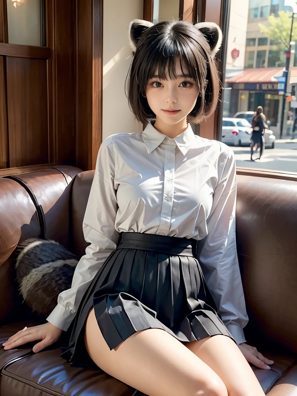 ((Highest quality, 32k)), ((masterpiece)), (Familiar), Perfect Face,  pretty girl, She is sitting on a sofa in a cafe in the city., She is relaxing and drinking tea, She has a bushy tail on her butt, She has a fluffy tail, Beautiful hip line, Small breasts, She is wearing a neat blouse and pleated skirt., A bushy tail is visible from under her skirt,, Slender body,  Her tail sticks out from under her skirt, (A single raccoon tail protrudes from the inside of her skirt.:1.4), The base of her tail is hidden under her skirt., She is gently stroking her tail