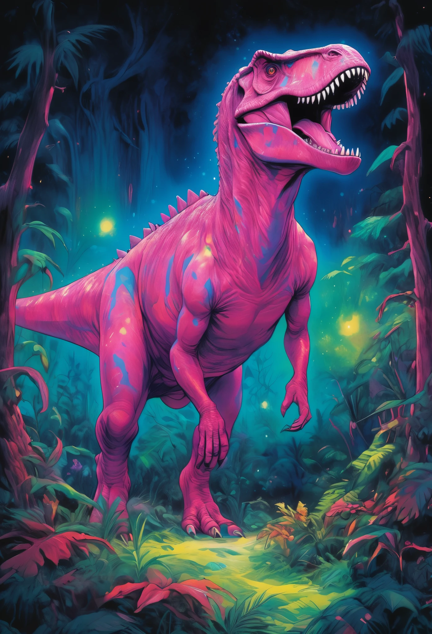 In the heart of a luminous jungle, a colossal gradient Pink coloured Tyrannosaurus Rex, its scales shimmering in hues of neon pink, electric blue, and vivid green, roars fiercely. The jungle pulses with psychedelic energy, with trees bearing glowing fruits and vines radiating bright, swirling patterns. A trio of similarly vibrant velociraptors, their feathers iridescent, dart through the bioluminescent underbrush, ready to join the hunt. The sky above is a kaleidoscope of swirling galaxies and constellations, casting an ethereal glow over the scene.
, the scene is captured in dimly lit dark fantasy but vibrant colors, with bold ink lines defining form against the watercolor wash of the aged paper