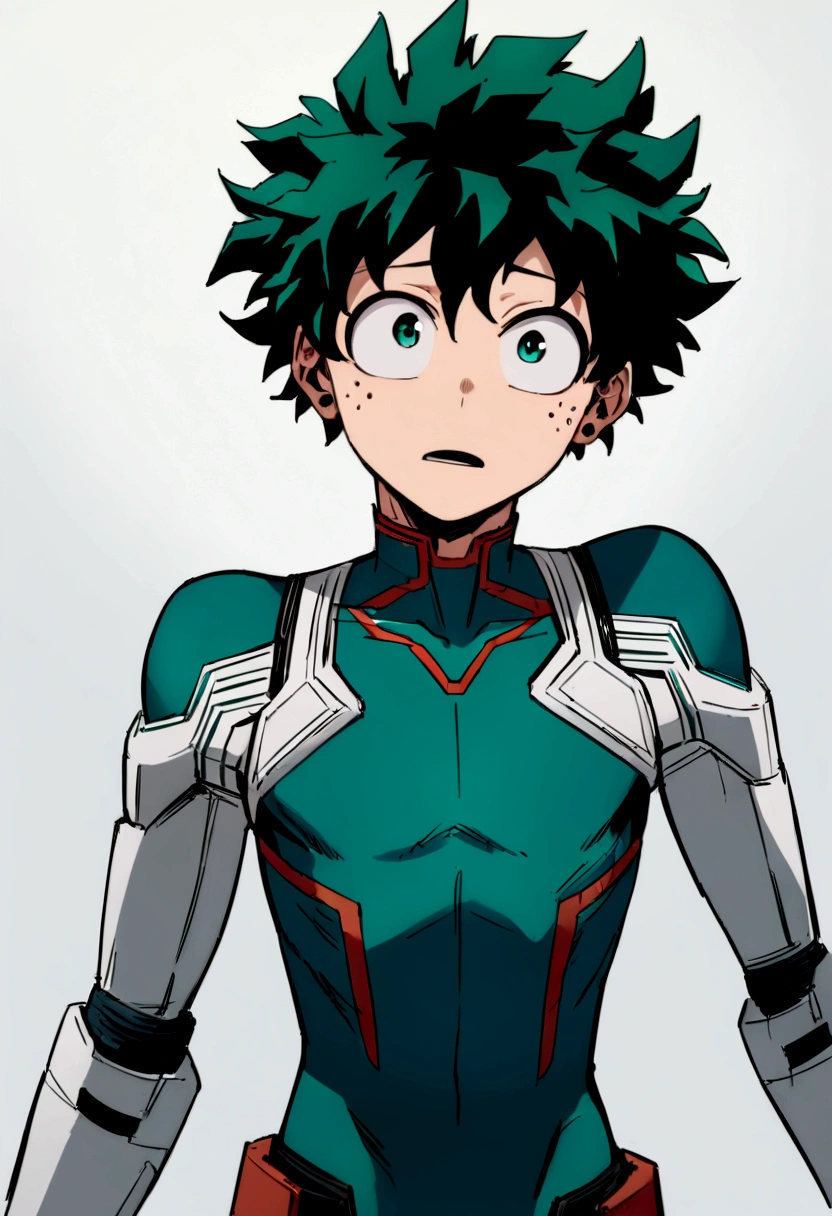 (masterpiece, best quality:1.2), solo, male focus, 1boy, midoriya izuku, short green hair, green eyes,teenager, toned slender body, blank expression, mouth hanging open staring straight forward, anime style, my hero academia style, as an android