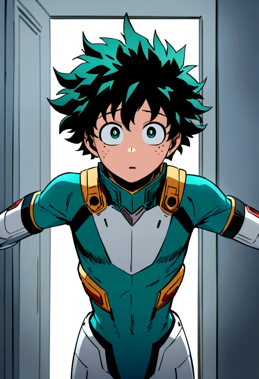 (masterpiece, best quality:1.2), solo, male focus, 1boy, midoriya izuku, short green hair, green eyes,teenager, toned slender body, blank expression, mouth hanging open staring straight forward, anime style, my hero academia style, as an android