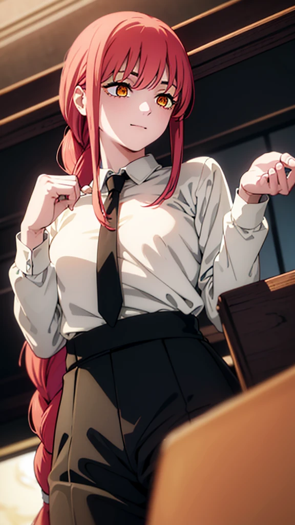 Masterpiece, top quality, best quality, official art, beautiful and aesthetic, anime, 1girl,extremely detailed, colorful, more detailed ((ultra-detailed)), (highly detailed CG illustration),Best Quality, High resolution, Unity 8k Wallpaper, (Illustration:0.8), (Beautiful detailed eyes:1.6), extra detailed face, Perfect Lighting, extremely details CG, (Perfect hands, Perfect Anatomy), makima, long hair, smile, bangs, (small breasts:1.2), (yellow eyes:1.2), braid, red hair, braided ponytail, ringed eyes,navel, cleavage, underwear, collarbone, panties, thighs, black panties, underwear only, lingerie,lace lingerie, black bra,stockings, stocking suspenders, from below, sitting in middle of church, benches,candles, dark light, Masterpiece, top quality, best quality, official art, beautiful and aesthetic, anime, 1girl,extremely detailed, colorful, more detailed ((ultra-detailed)), (highly detailed CG illustration),Best Quality, High resolution, Unity 8k Wallpaper, (Illustration:0.8), (Beautiful detailed eyes:1.6), extra detailed face, Perfect Lighting, extremely details CG, (Perfect hands, Perfect Anatomy), makima, long hair, smile, bangs, (small breasts:1.2), (yellow eyes:1.2), braid, red hair, braided ponytail, ringed eyes,shirt, long sleeves, white shirt, necktie, collared shirt, pants, black pants, formal, suit, black necktie, shirt tucked in, office lady, in office, desks, windows, in center, bend over, upper body,take of shirt,showing bra