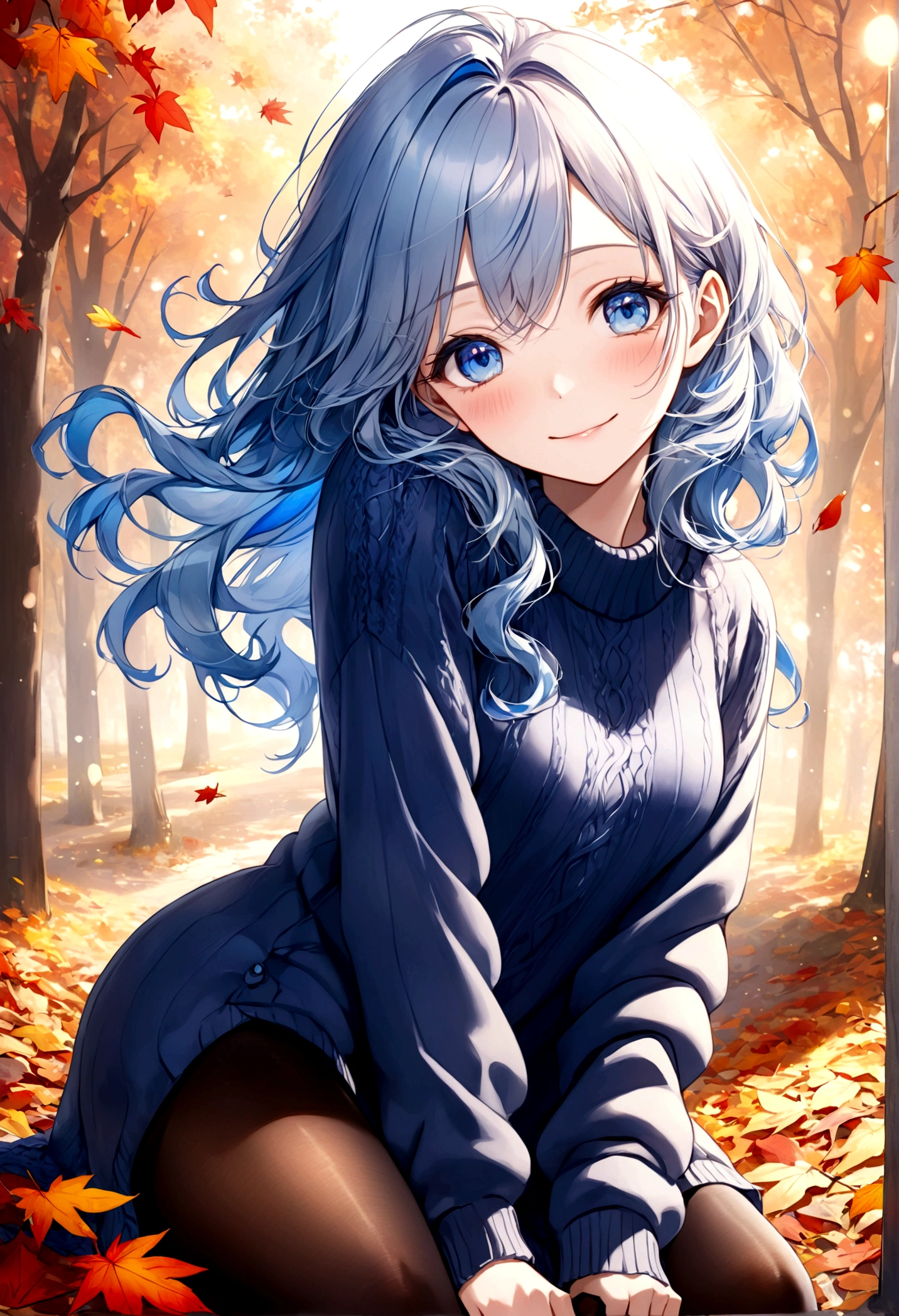 ((top-quality)), ((masterpiece)), ((ultra-detailliert)), (extremely delicate and beautiful), beautiful woman, bright light blue hair, long wavy hair, sapphire blue eyes, cozy sweater dress, sheer black pantyhose, sweet smile, relaxed expression, fair complexion, autumn background