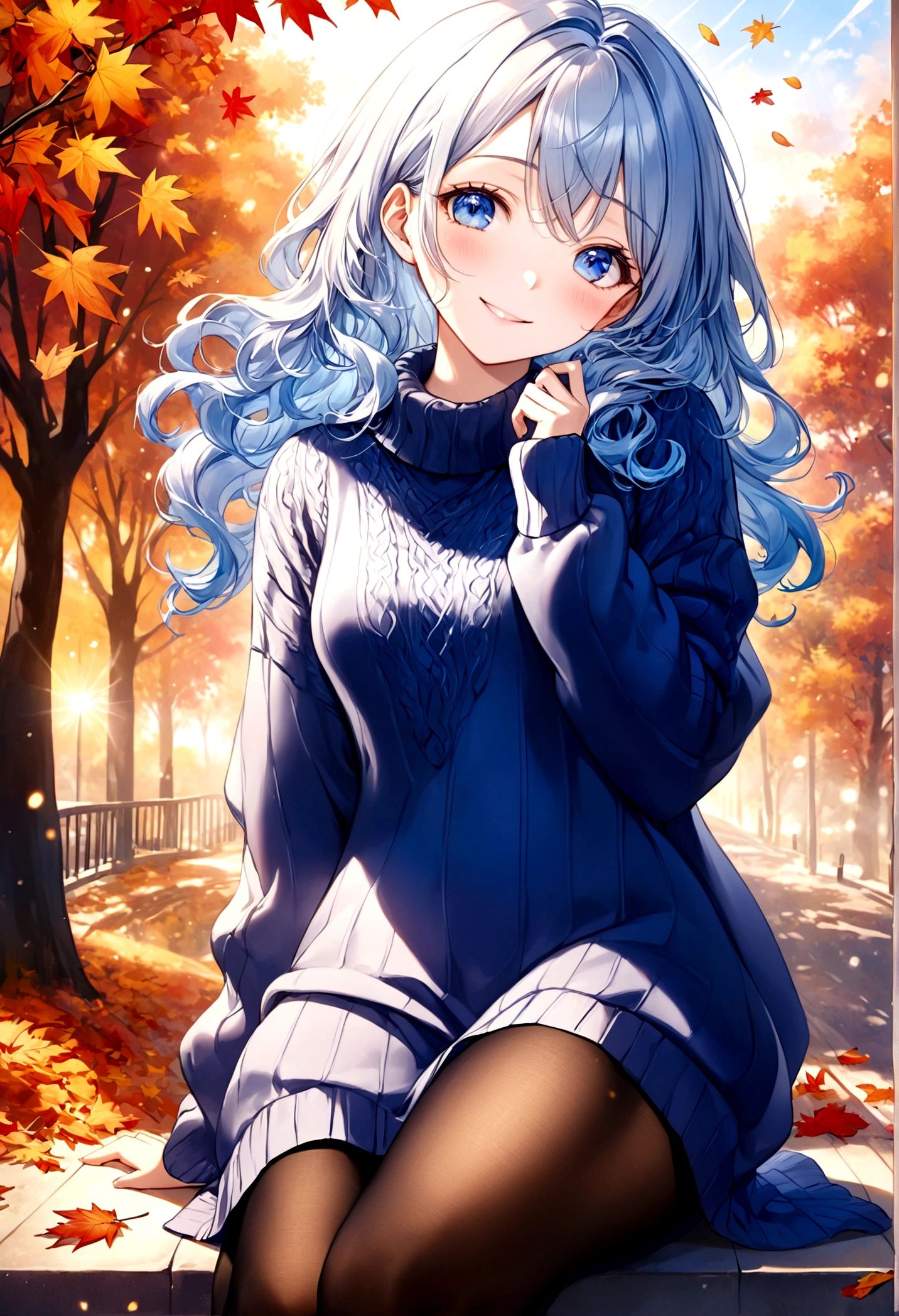 ((top-quality)), ((masterpiece)), ((ultra-detailliert)), (extremely delicate and beautiful), beautiful woman, bright light blue hair, long wavy hair, sapphire blue eyes, cozy sweater dress, sheer black pantyhose, sweet smile, relaxed expression, fair complexion, autumn background