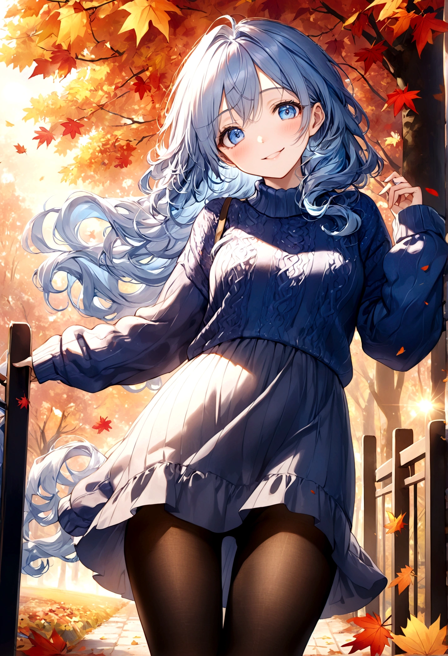 ((top-quality)), ((​masterpiece)), ((ultra-detailliert)), (extremely delicate and beautiful), beautiful woman, bright light blue hair, long wavy hair, sapphire blue eyes, cozy sweater dress, sheer black pantyhose, sweet smile, relaxed expression, fair complexion, autumn background