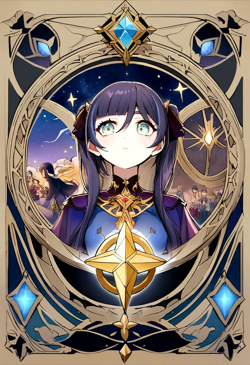 fille, situé dans le coin, looking at the ciel, seulement, Mona (impact genshin), foulard, cheveux entre les yeux, étoile (symbole), cheveux longs, cheveux caramel Twintails, yeux bleus, les yeux brillants, bijoux, sorcière, femme de ménage, frange, robe noire violette, jupe violette, tablier blanc, paysage, nuit ciel, étoile (ciel), étoilery ciel, nuit, Extérieur, des nuages, réflexion, eau, la magie, tarot, eau la magie, ((beautiful golden crystal étoile)), ESPACE, eau droplets, éclaboussure