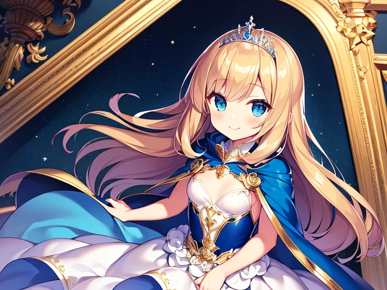 looking at viewer,(kawaii),(best quality),(ultra detailed), upper body,(rococo style),(long train blue cape:1.15), very long cape,(long train white ball gown with flower decorations:1.1), a girl is wearing a cape over her gown, 1 little princess, tiara, smile, very long hair, small breasts