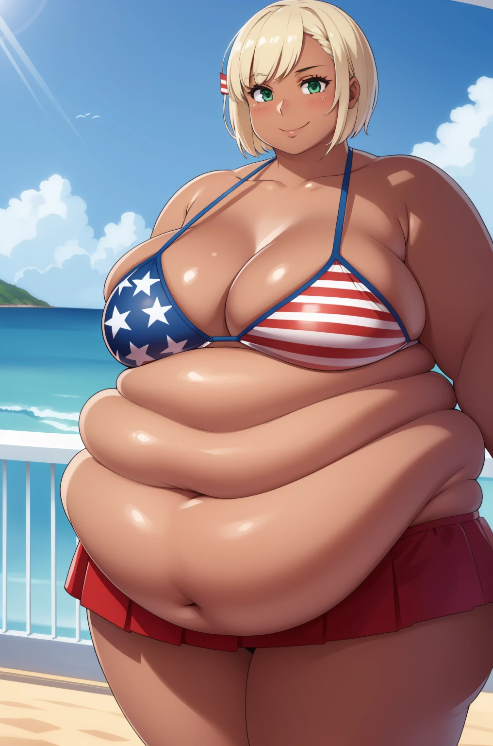 (Morbidly obese:1.2)(best quality:1.2), 1girl, (masterpiece:1.2), raytracing, cute face, perfect face, ultra detailed,detailed face, 8k wallpaper, wide hips, MitoIkumi_NDV, 1girl, green eyes, blonde hair, short hair, large breasts, (dark skin, dark-skinned female:1.2), flag print, meat, american flag, american flag bikini, american flag print, skirt, cleavage, white shirt,  outdoor, smile