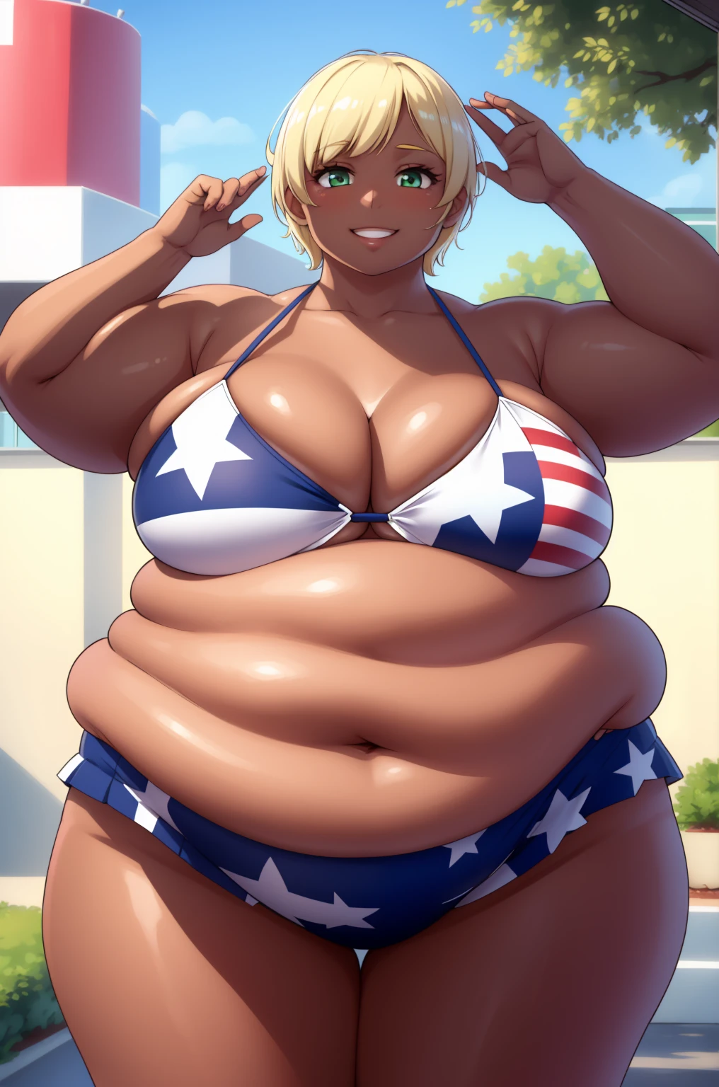 (Morbidly obese:1.2)(best quality:1.2), 1girl, (masterpiece:1.2), raytracing, cute face, perfect face, ultra detailed,detailed face, 8k wallpaper, wide hips, MitoIkumi_NDV, 1girl, green eyes, blonde hair, short hair, large breasts, (dark skin, dark-skinned female:1.2), flag print, meat, american flag, american flag bikini, american flag print, skirt, cleavage, white shirt, outdoor, smile