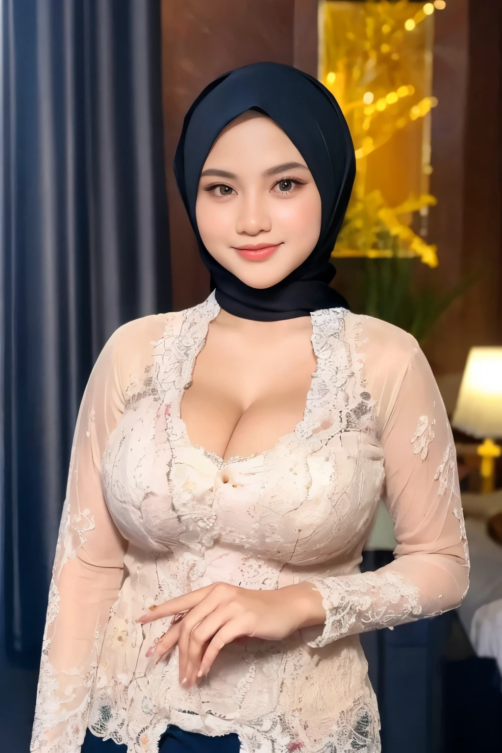 amazing quality, elegant, perfect, hyper realistic, masterpiece ,Create a photorealistic masterpiece of a beautiful woman with hijab wearing traditional Indonesian kebaya attire, solo, firm large breast, cleavage, Set her against a dark, bedroom backdrop with a captivating glow in the background and bokeh effect. Ensure the image quality is 8K with ultra-realistic details.,kebaya,kebaya indonesia