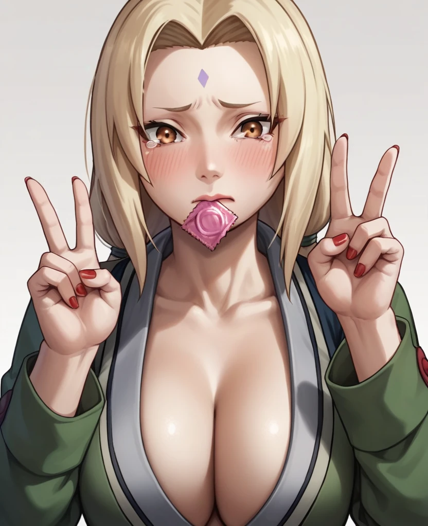 score_9, score_8_up, score_7_up, score_6_up, score_5_up, score_4_up, BREAK ,1girl,upper body,Condom in mouth, double V gesture,blush,tears in eyes,embarrassed,tsunade_(naruto), 1girl,black_pants, blonde_hair, breasts, brown_eyes, cleavage, coat, forehead yewel, naked large_breasts, long_hair,nail_polish, ninja, pants, red_nails, shirrose,dark_background,  flower, ice_flower, icicle,