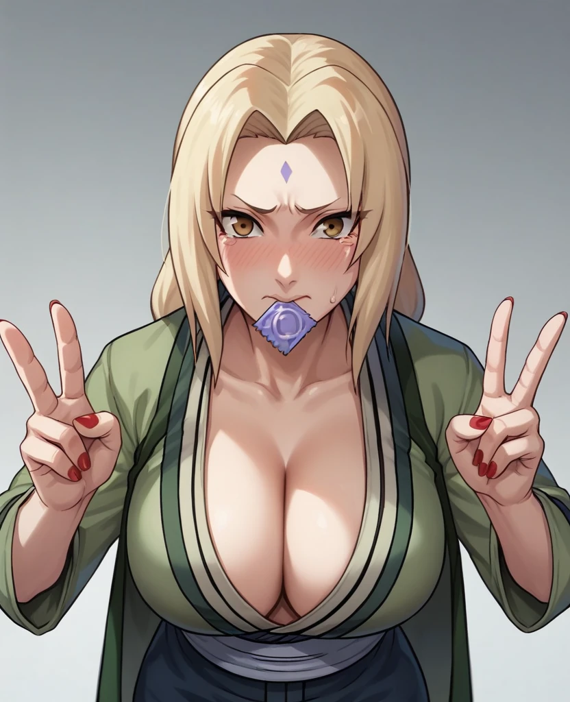 score_9, score_8_up, score_7_up, score_6_up, score_5_up, score_4_up, BREAK ,1girl,upper body,Condom in mouth, double V gesture,blush,tears in eyes,embarrassed,tsunade_(naruto), 1girl,black_pants, blonde_hair, breasts, brown_eyes, cleavage, coat, forehead yewel, naked large_breasts, long_hair,nail_polish, ninja, pants, red_nails, shirrose,dark_background, flower, ice_flower, icicle,