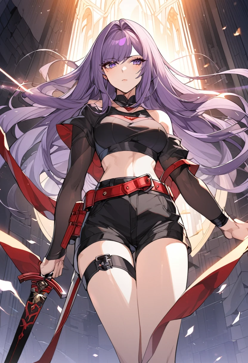 One a beautiful and calm woman, she has dark purple hair mixed with light purple hair at the ends of her hair, she wears black shorts and she wears a dark purple top with a red belt accessory and accessories are a pair of black and white thigh straps. she has a sword which is a symbol of justice. Manhwa style.