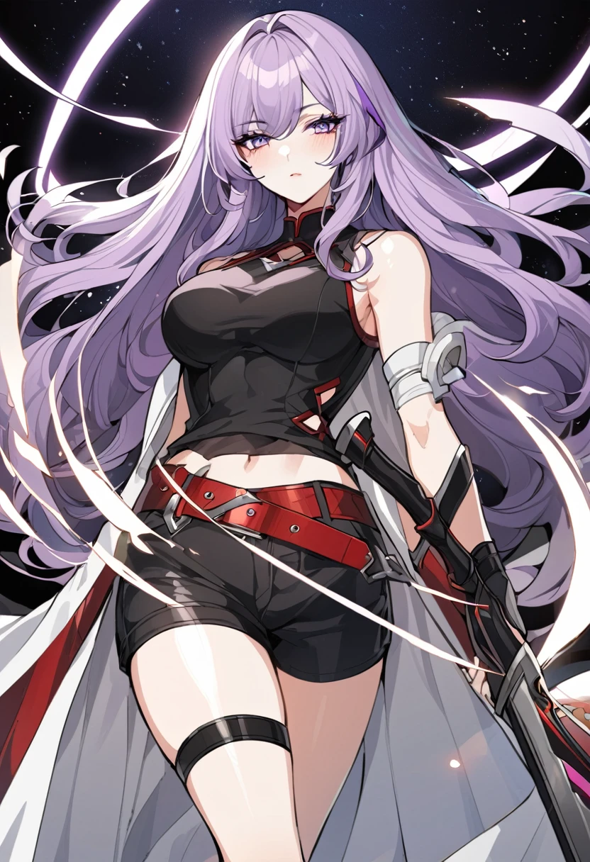 One a beautiful and calm woman, she has dark purple hair mixed with light purple hair at the ends of her hair, she wears black shorts and she wears a dark purple top with a red belt accessory and accessories are a pair of black and white thigh straps. she has a sword which is a symbol of justice. Manhwa style.