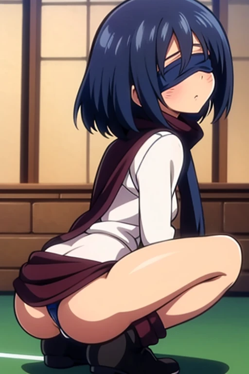 tennis girl in tight mini virgin killer sweater, rear butt anus, showing her anus, on her knees, wearing oven mittens behind head, blindfold