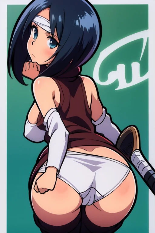 tennis girl in tight mini virgin killer sweater, rear butt anus, showing her anus, on her knees, wearing oven mittens behind head, blindfold