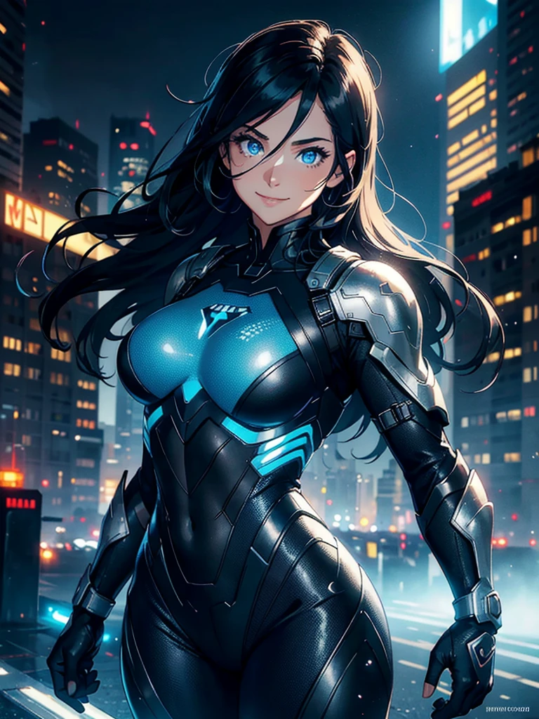 16K, HDR,UHD, RTX, ray tracing, chiaroscuro, best quality, masterpiece, ethereal, perfect illustration, digital artwork, trending on artstation, jaw-dropping perfection, ultra realistic, textured amazing lighting effects, perfect shadows, WLOP, 1girl, beautiful mature edgy woman in a cool long jacket and black pants, superhero suit, stomach covered by clothing, shoulder-length hair, shoulder-length hair, wavy hair, black hair, highly detailed glowing blue eyes, glowing eyes, blue eyes, beautiful glowy blue eyes, detailed eyes, beautiful face, perfect anatomy, broad shoulders, strong upper-body, modern city, city, beautiful weather, stunning sunshine, sunny, daylight, sunlight, modern, nature, daytime, superhero, uplifting, heroic, heroic pose, smiling, smiling at camera, athletic, hands near hips, glowy eyes, daytime, black and blue superhero suit, metal shoulder-pads, summertime, radiant sunlight, beautiful cityscape, hair blowing in wind, manly shoulders, big smile, wide smile, happy eyes, joyful, smiling with teeth, very tall, wide shoulders
