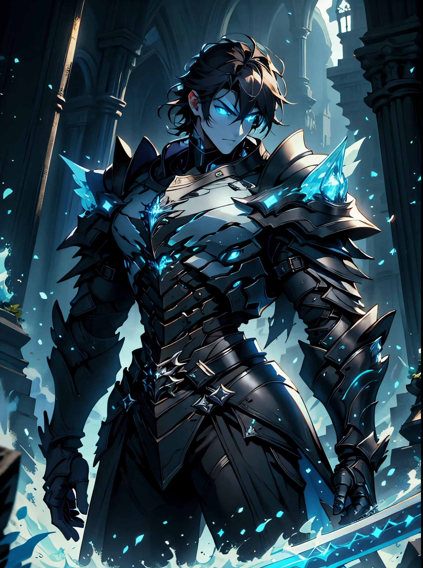 (masterpiece, best quality:1.2), 1man, solo, handsome, black armor with glowing blue accent, warrior, knight, dark hair, Gothic, Dark lighting, luminescent glowing blue eyes, fantasy, holding sword, 