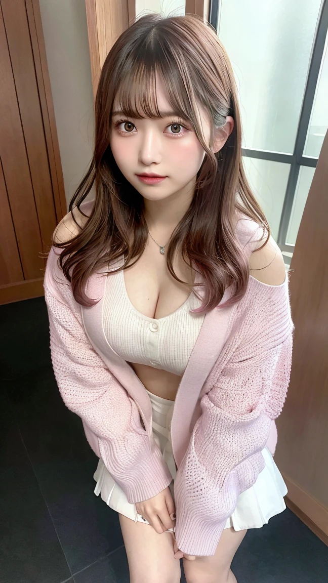 masterpiece, highest quality, 8k, 20th Generation, Large Breasts, cute, alone, sad, cute, Girlish, Delicate girl, Pure beauty, RAW Photos, Professional photography, Portraiture, Soft Light, Professional Lighting, Backlight, Head to Knee, avert your eyes, Sophisticated, Film Grain, (Eyes and facial details:1.0), Short floating hair, Beautiful, flowing hair, bangs, (Loose cardigan(Pink))、(Large Breasts:1.0)、You can see a little cleavage、Micro Mini Skirt、Voluptuous thighs、Dolly Makeup、Odd Eye、The colour of the eyes are opposites