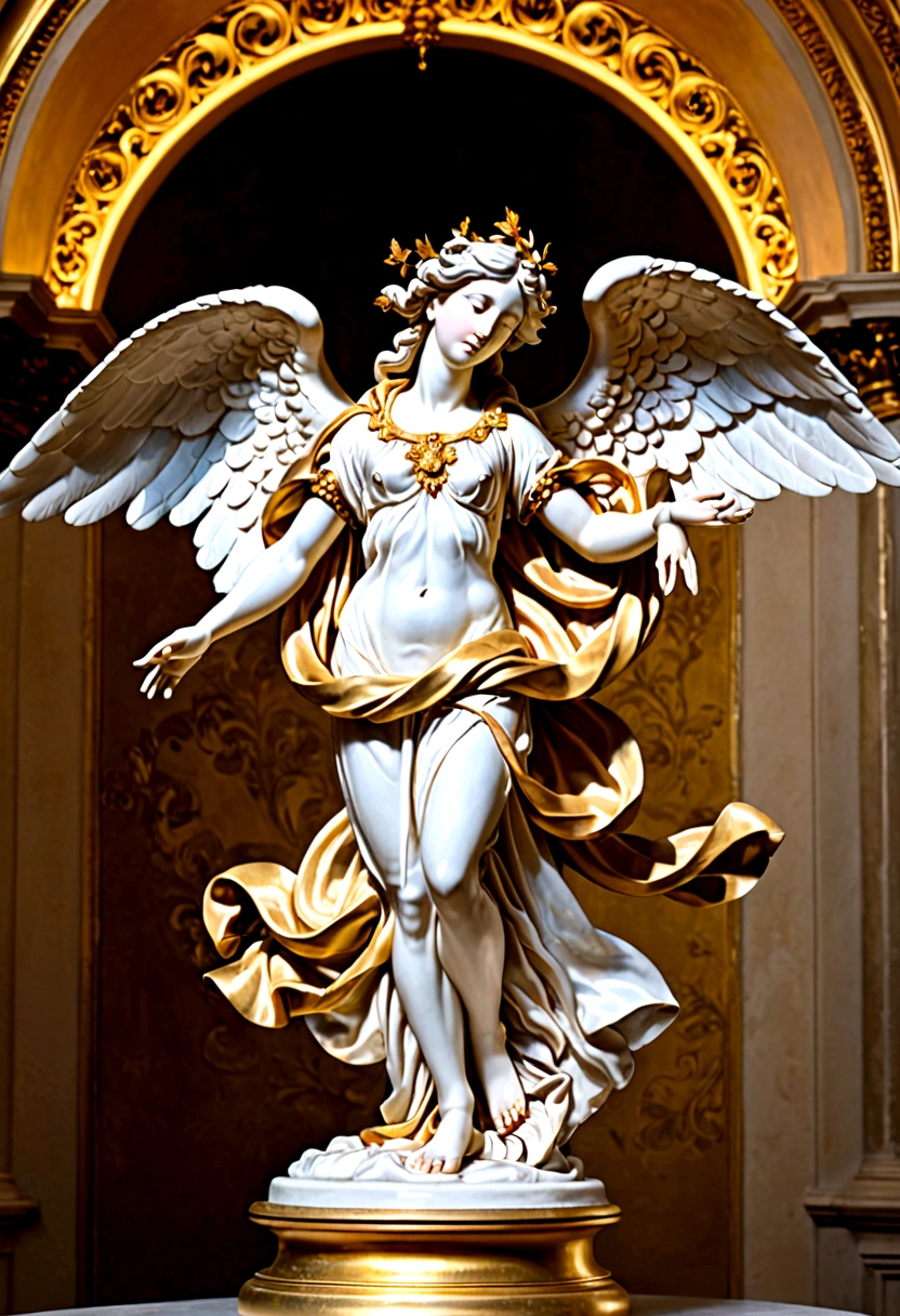 In a sumptuously detailed Baroque style sculpture, angelic figures and gods are depicted with exquisite precision. The ethereal beings seem to radiate light from their golden halos, their robes flowing in majestic splendor. Every brushstroke captures a sense of divine beauty, their expressions conveying both grace and power. This stunning image is a masterful example of classical artistry, showcasing the timeless elegance of heavenly subjects in a captivating way.
