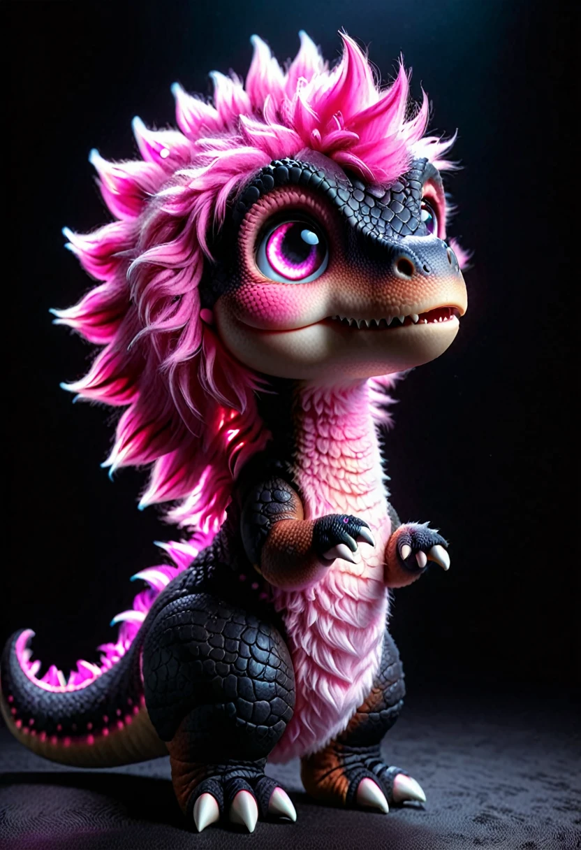 Highest quality、masterpiece、darkness、Black Background、Surreal Posters、Pink furry dinosaur、Very realistic T.Rex、Pink glowing hair、Bright eyes、Light pink dinosaur、Object of fear、