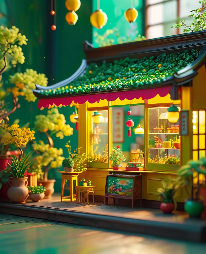 Miniature miniature dollhouse in the style of Cheng Yanjun, vibrant colors, joyful celebration of nature, rendered in cinema4d, yellows and greens, elaborate newsstand, highly realistic, rim light