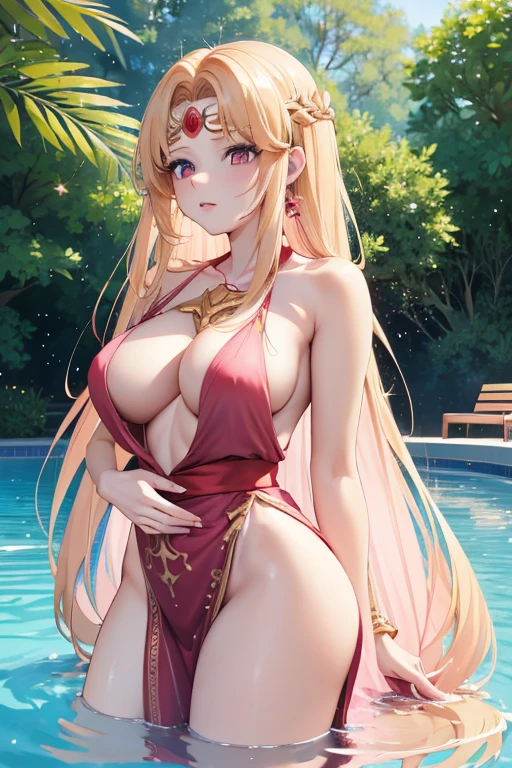 blonde very long hair, red eyes, wearing a sexy pink dress, side slit, ultrasharp, looking at the viewer, ((best quality)), ((masterpiece)), (detailed), perfect face, big breast, sexy body, sexy woman besides her, hugged, An anime scene of two girls hugging and kissing intensely, with hearts and sparkles floating around them as they stand in pool of water
