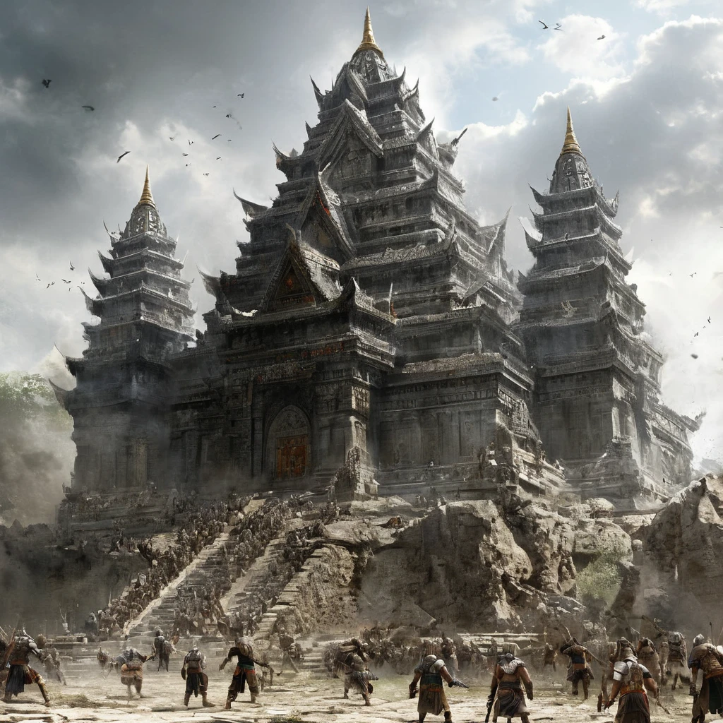 ((best quality)), ((masterpiece)), ((realistic,digital art)), (super detailed), (great temple of war god), view from the ground, (style medieval fantasy)