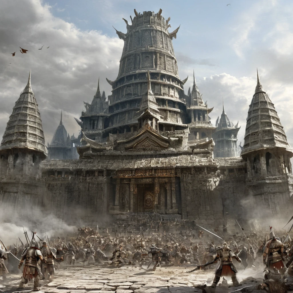 ((best quality)), ((masterpiece)), ((realistic,digital art)), (super detailed), (great temple of war god), view from the ground, (style medieval fantasy)