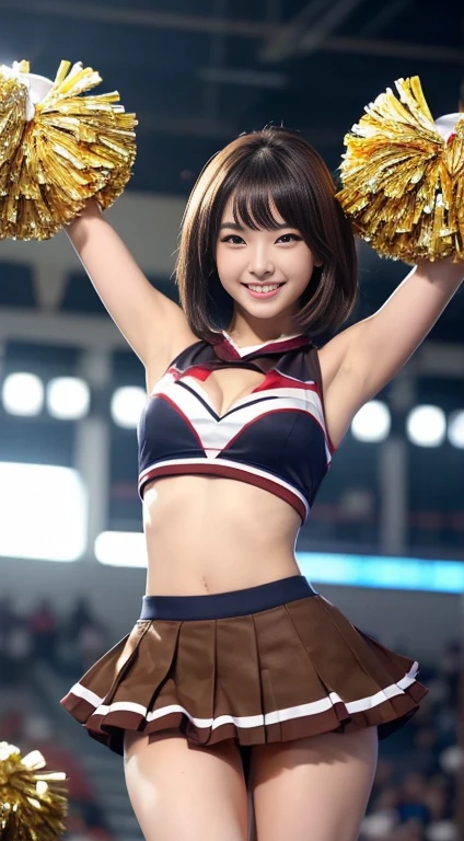 Highest quality, 8K, masterpiece :1.3)), whole body, Sharp focus :1.2, Beautiful woman with perfect figure :1.4, Slim Abs :1.2, ((Dark brown hair, Big Breasts :1.2)), whole bodyショット),(RAW shooting:1.2)、(realism:1.4)、(masterpiece:1.3)、(Highest quality:1.4)、The Beauty of Japan、7 heads、Black Hair,Beautiful and eye-catching details、Beautiful eyelashes and double eyelids、eye shadow、Perfect Eye Makeup、alone、cute、(cute:1.2)、(A smile full of happiness:1.4)、Smiling Kindly、show excitement、(Short Bob:1.2)、Fluffy hair、(From the bottom perspective:1.3)、(mini skirt)、美しくThin legs、(Perfect Body Beauty:1.3)、Shiny skin、(Cheerleading and other energetic poses:1.5)、Looking into the camera,Narrow waist、Thin legs、Big Breasts、Photorealistic、Age 25、Cleavage、Glamour