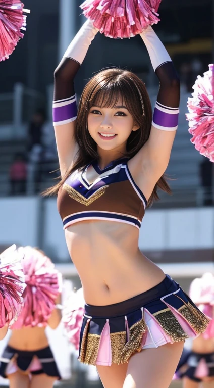 Highest quality, 8K, masterpiece :1.3)), whole body, Sharp focus :1.2, Beautiful woman with perfect figure :1.4, Slim Abs :1.2, ((Dark brown hair, Big Breasts :1.2)), whole bodyショット)，(RAW shooting:1.2)、(realism:1.4)、(masterpiece:1.3)、(Highest quality:1.4)、The Beauty of Japan、7 heads、Black Hair，Beautiful and eye-catching details、Beautiful eyelashes and double eyelids、eye shadow、Perfect Eye Makeup、alone、cute、(cute:1.2)、(A smile full of happiness:1.4)、Smiling Kindly、show excitement、(Short Bob:1.2)、Fluffy hair、(From the bottom perspective:1.3)、(mini skirt)、美しくThin legs、(Perfect Body Beauty:1.3)、Shiny skin、(Cheerleading and other energetic poses:1.5)、Looking into the camera，Narrow waist、Thin legs、Big Breasts、Photorealistic、Age 25、Cleavage、Glamour

