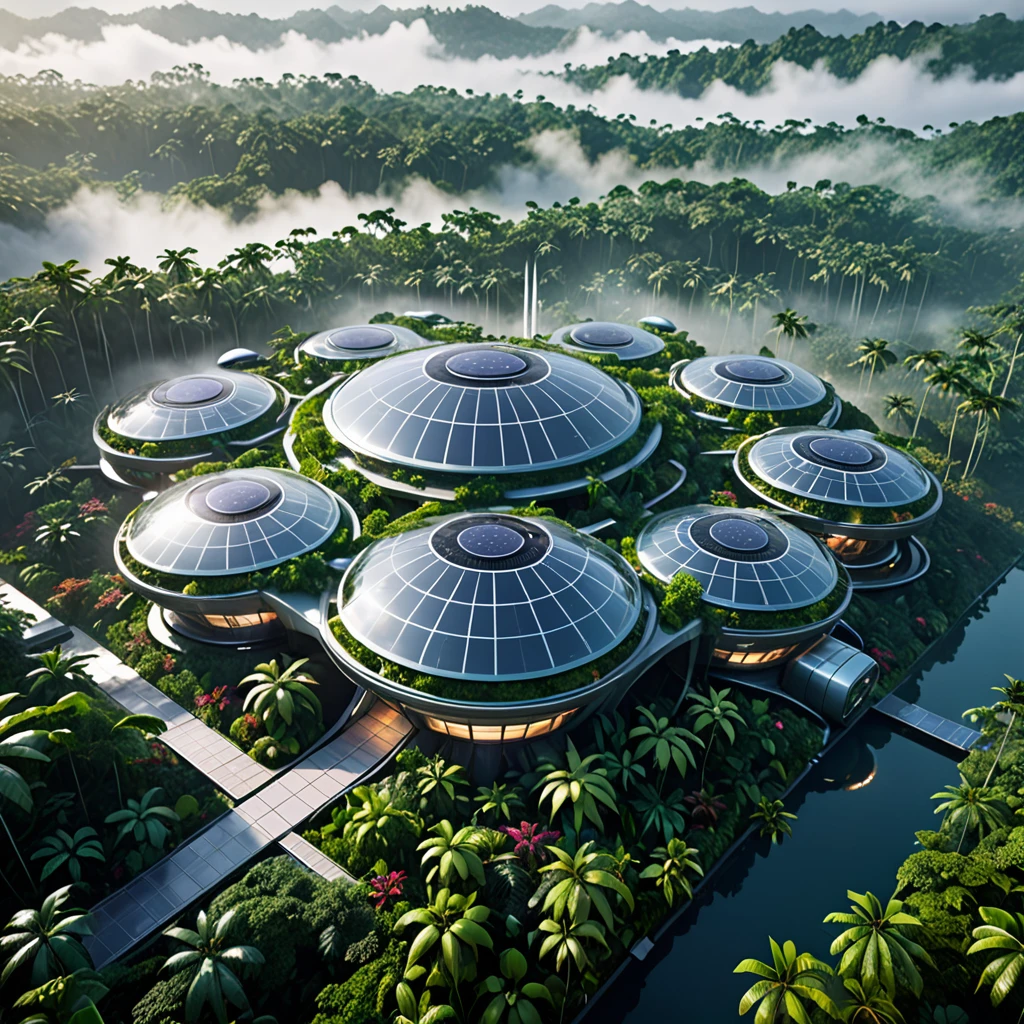 aerial view, a futuristic research complex in a bright foggy jungle, hard lighting, ultra-detailed, highly realistic, 8k, photorealistic, cinematic lighting, volumetric fog, dynamic composition, advanced architectural design, advanced technology, clean lines, metallic accents, glass panels, solar panels, lush tropical foliage, colorful flora, mysterious atmosphere, dramatic chiaroscuro