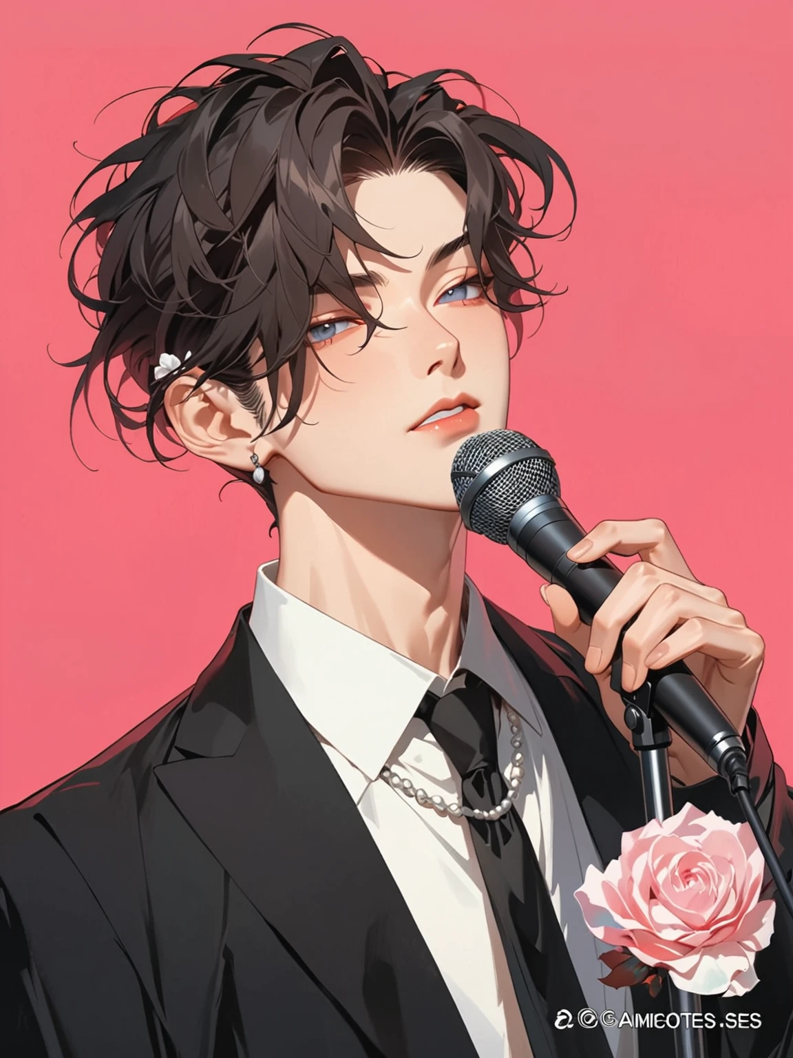 Anime boy holding microphone and flowers, Delicate hermaphroditic prince, inspired by Yanjun Cheng, beautiful androgynous prince, High quality portrait, High-quality fanart, Artwork in the style of Guweiz, Cool anime poses, Inspired by Border Guardians, The handsome guy in Demon Slayer, Anime handsome man, High-quality anime art style, Anime Cover