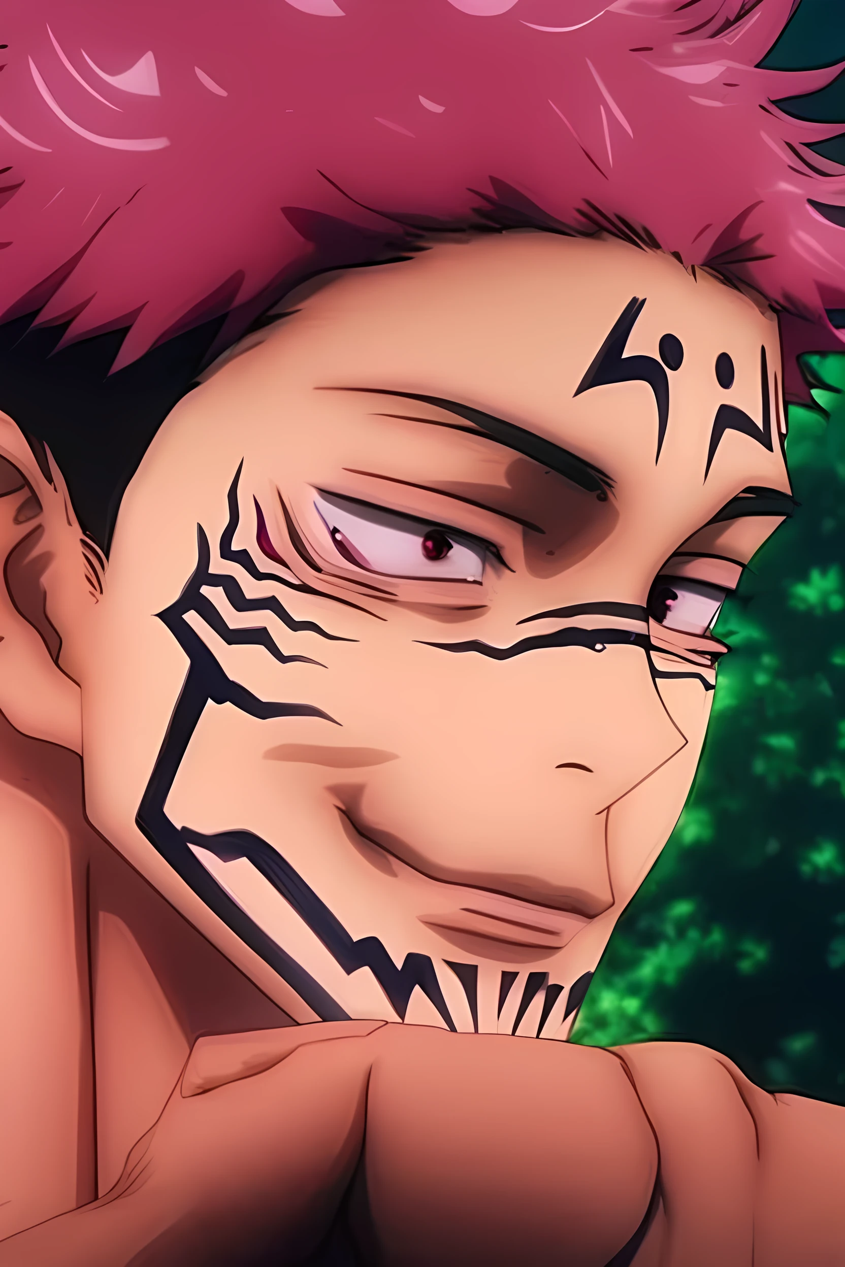 ryomen sukuna x yuji itadori, 20 year old boy, pink hair, red eyes, 