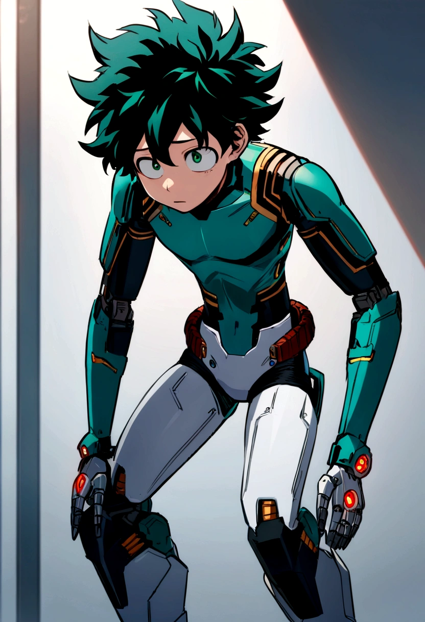 (masterpiece, best quality:1.2), solo, male focus, 1boy, midoriya izuku, short green hair, green eyes,teenager, toned slender body, blank expression, mouth hanging open staring straight forward, anime style, my hero academia style, android, humanoid robot