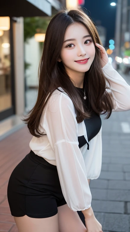 Tabletop, Highest quality, shape, Very detailed, finely, High resolution, 8k wallpaper, 完璧なダイナミックな構shape, Beautiful and detailed, Straight hair, Small breasts, Natural color lip, Random sexy poses,smile,20-year-old girl、Beautiful and dense face、Perfect and beautiful face,Big eyes、RAW Photos、Beautiful and detailed、Small face、Beautiful Duplex、Slim face and figure,Beautiful golden ratio face、Long sleeve blouse、Black shorts、smile、Blurred night view