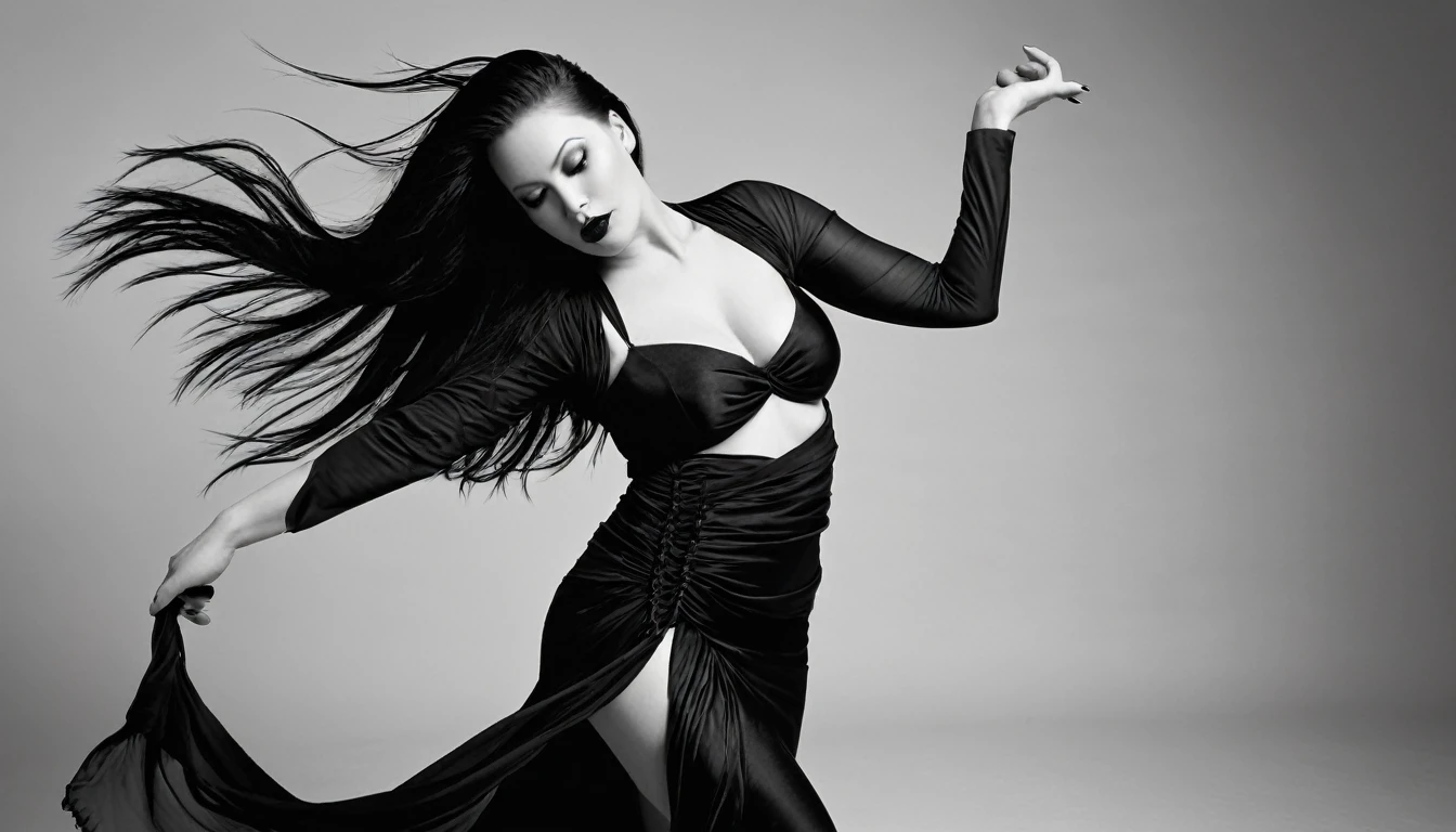 A stunning, high-realistic, studio photograph of a chubby scandinavian woman, (Ingrid Mueller) 35 years old, goth woman. black dyed hair , sidecut and braided hairstyle dancing, professional nude. naked. pubic hair. pale skin . goth make-up, dancing . clothed only in intricately draped, flowing (red) silk scarves, evoking a sense of elegance and grace. Captured in a monochromatic color palette, the black and white tone amplifies the textures and shadows, adding depth to the fluid, energetic movement of the subject. Soft, diffused lighting accentuates the woman's sinuous curves, as her slender limbs seem to blur in motion, exuding a sense of freedom and joy. energetic. aesthetic. monochrome color key red 