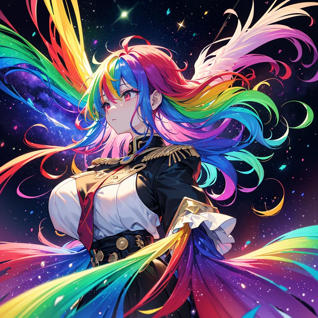 ((Fantasy　Rainbow Hair　Make your hair rainbow-colored on the inside　Long Hair　Dull red eyes　Have a galaxy　uniform　Put on a coat without putting your arms through it　Wings many times larger than me　Lonely　despair))　((Tears　gloves))　(Broken glass　Distorted Space-Time　star)　Catch the wind　fall　Shining Background　Particles of light, rainbow-colored edges