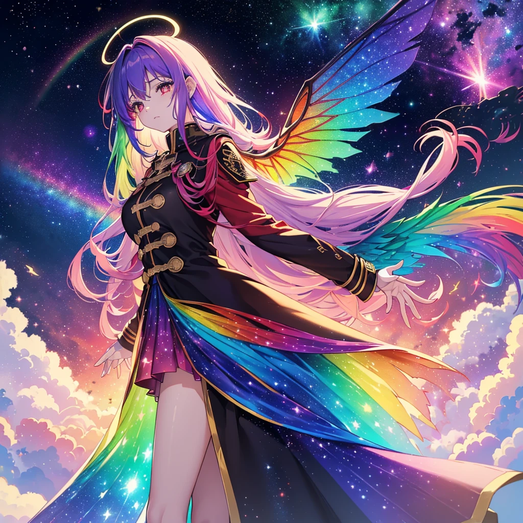((Fantasy Rainbow Hair Make your hair rainbow-colored on the inside Long Hair Dull red eyes Have a galaxy uniform Put on a coat without putting your arms through it Wings many times larger than me Lonely despair)) ((Tears gloves)) (Broken glass Distorted Space-Time star) Catch the wind fall Shining Background Particles of light, rainbow-colored edges