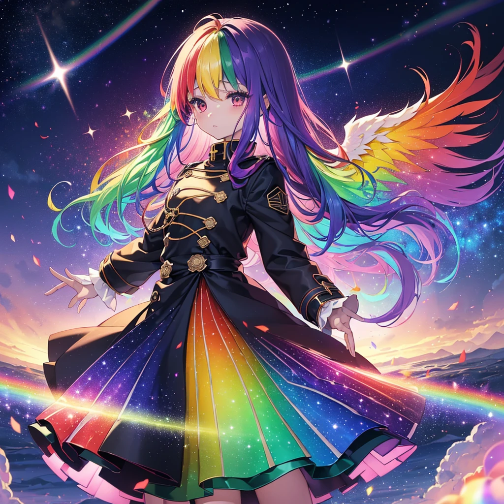 ((Fantasy Rainbow Hair Make your hair rainbow-colored on the inside Long Hair Dull red eyes Have a galaxy uniform Put on a coat without putting your arms through it Wings many times larger than me Lonely despair)) ((Tears gloves)) (Broken glass Distorted Space-Time star) Catch the wind fall Shining Background Particles of light, rainbow-colored edges