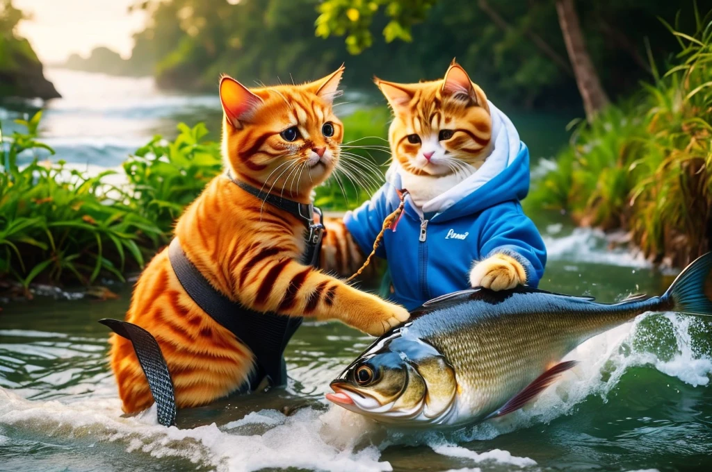 The cat holds a fish and cries