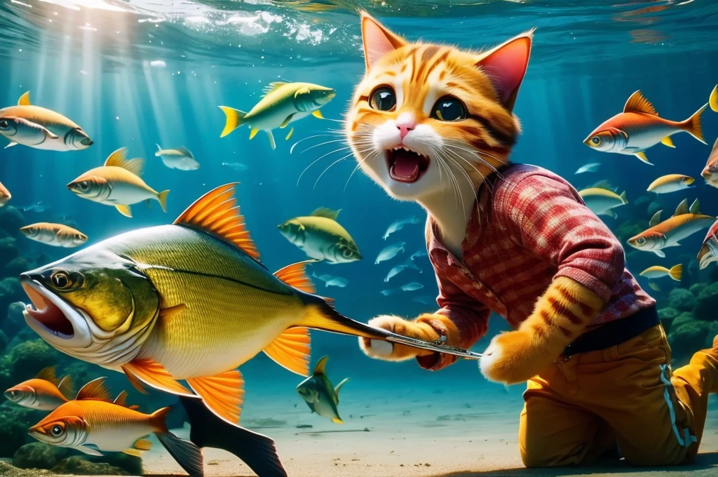 The cat holds a fish and cries