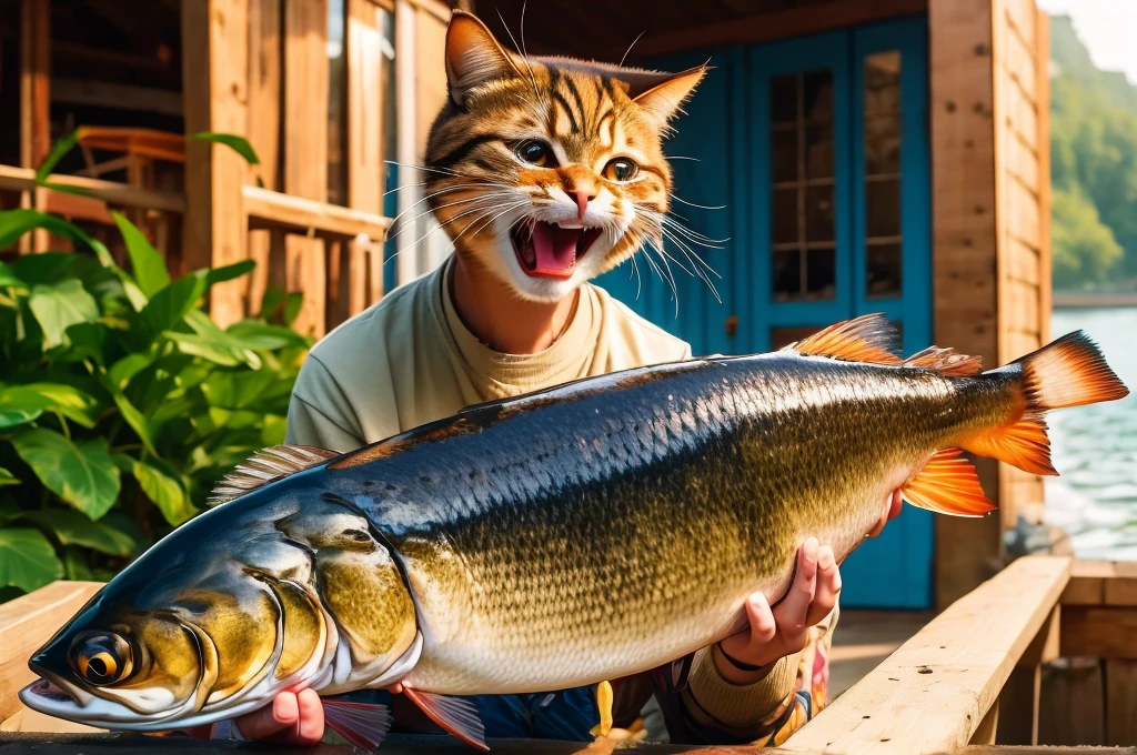 The cat holds a fish and cries