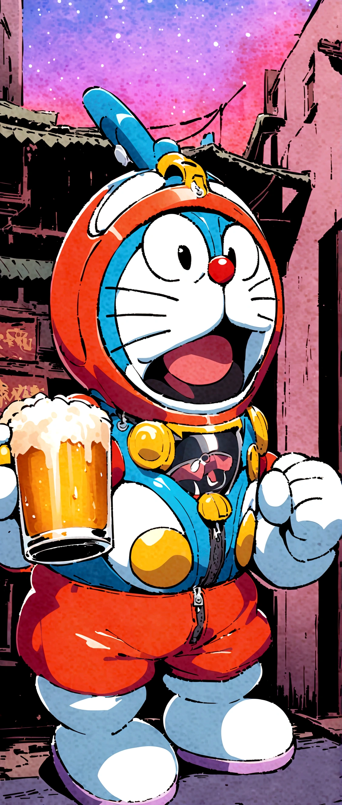 Doraemon,drink beer,Japanese anime style,Background of the future Japanese street,Wearing a futuristic space suit,Full beer glass,Japanese style,japonisme,realityDoraemon头像,reality
